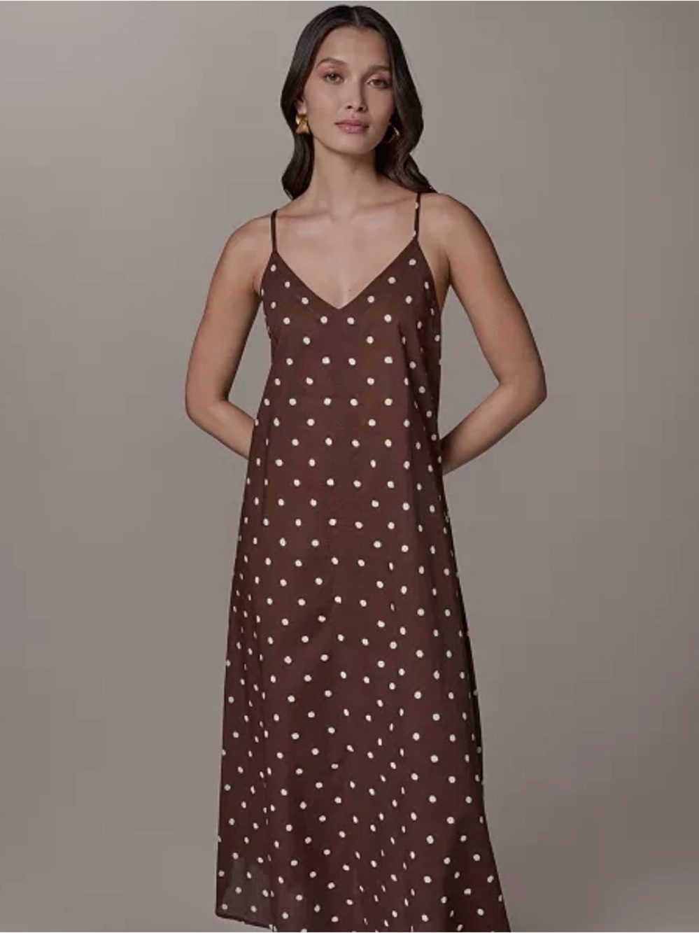 Women's Cotton Voile Dot Print Elastic Back V-Neck Spaghetti Strap Maxi Dress